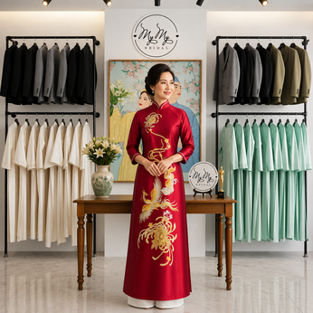 ÁO DÀI SUI ĐỎ THÊU HOA CÚC VÀNG
