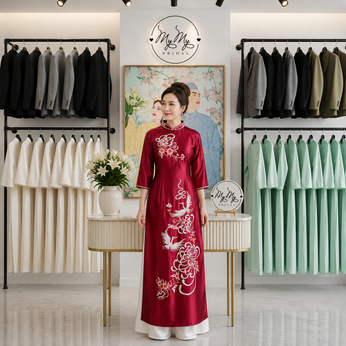 ÁO DÀI SUI ĐỎ THÊU HOA MAI TRẮNG