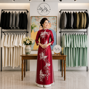 ÁO DÀI SUI ĐỎ THÊU HẠC VÀ HOA MAI