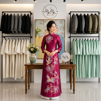 ÁO DÀI SUI HỒNG THÊU HOA CÚC TRẮNG