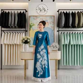 ÁO DÀI SUI XANH THÊU ĐÔI PHƯỢNG HOÀNG