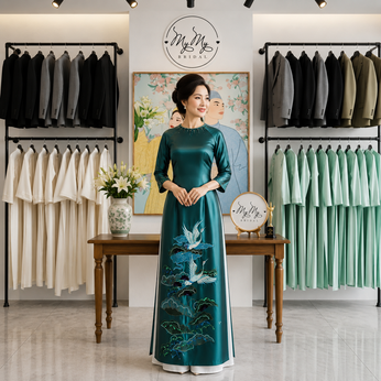 ÁO DÀI SUI XANH THÊU HẠC SEN VÀ MÂY