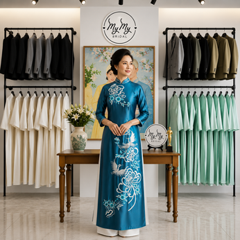 ÁO DÀI SUI XANH THÊU HOA CÚC VÀ CHIM HẠC