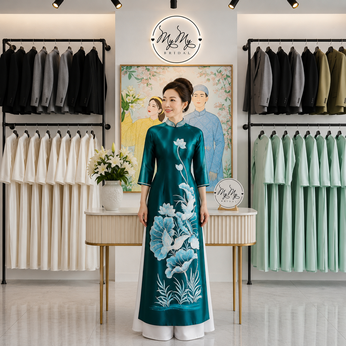 ÁO DÀI SUI XANH THÊU HOA SEN TRẮNG