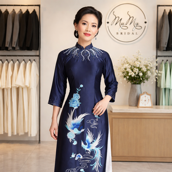 ÁO DÀI SUI XANH THÊU PHƯỢNG HOÀNG VÀ HOA HỒNG