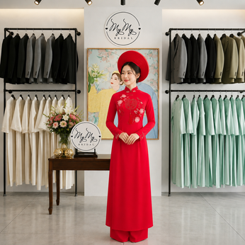 ÁO DÀI CÔ DÂU ĐỎ ĐÍNH KẾT CHỮ HỶ VÀ HOA