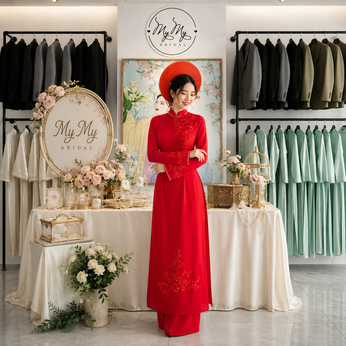 ÁO DÀI CÔ DÂU ĐỎ HOA 10H