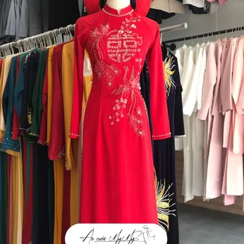 ÁO DÀI CÔ DÂU ĐỎ CHỮ HỶ VÀ PHƯỢNG HOÀNG