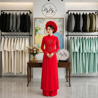 ÁO DÀI CÔ DÂU ĐỎ HAI CHỮ HỶ