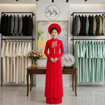 ÁO DÀI CÔ DÂU ĐỎ HỶ VUÔNG HẠT TRẮNG
