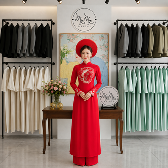 ÁO DÀI CÔ DÂU ĐỎ ĐÍNH KẾT CHIM PHƯỢNG HOÀNG