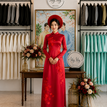 ÁO DÀI CÔ DÂU ĐỎ HOA PHONG LAN