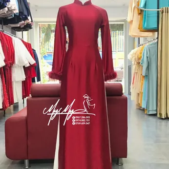 ÁO DÀI CÔ DÂU ĐỎ TAY KẾT LÔNG VŨ