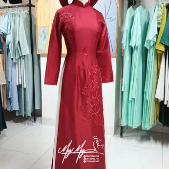 ÁO DÀI CÔ DÂU ĐỎ THÊU HOA SEN