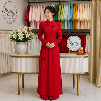 ÁO DÀI CÔ DÂU ĐỎ HOA LAN
