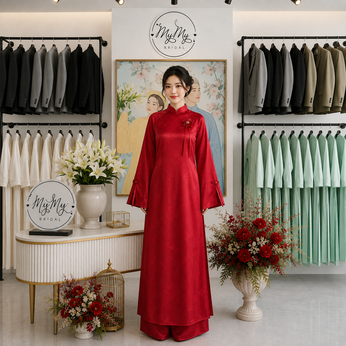 ÁO DÀI CÔ DÂU ĐỎ GÂM VÂN MÂY