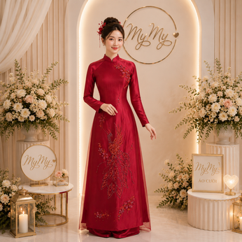 ÁO DÀI CÔ DÂU ĐỎ ĐÍNH KẾT PHƯỢNG HOÀNG VÀ HOA MAI