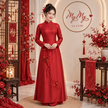 ÁO DÀI CÔ DÂU ĐỎ THÊU HOA MẪU ĐƠN