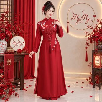 ÁO DÀI CÔ DÂU ĐỎ HỌA TIẾT CHỮ HỶ VÀ CHIM HẠC