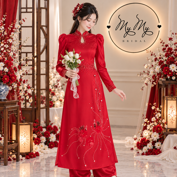 ÁO DÀI CÔ DÂU ĐỎ ĐÍNH KẾT LÔNG VŨ