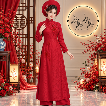 ÁO DÀI CÔ DAU ĐỎ ĐÍNH KẾT HOA MƠ