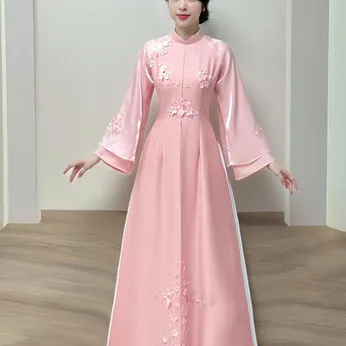 ÁO DÀI CÔ DÂU HỒNG ĐÍNH HOA 3D
