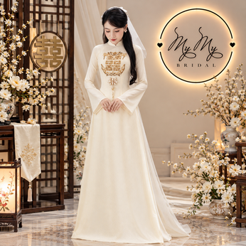 ÁO DÀI CÔ DÂU MÀU KEM CHỮ HỶ CÁCH ĐIỆU
