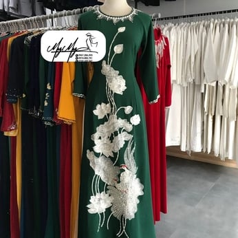 ÁO DÀI SUI XANH THÊU HOA SEN VÀ SẾU