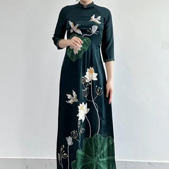 ÁO DÀI BÀ SUI XANH ĐÍNH KẾT HOA SEN