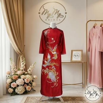 ÁO DÀI SUI ĐỎ THÊU HOA CÚC VÀ CHIM PHƯỢNG