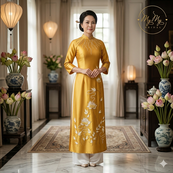 ÁO DÀI BÀ SUI VÀNG KẾT HOA SEN