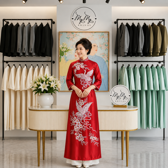 ÁO DÀI BÀ SUI ĐỎ VẼ CHIM HẠC VỜN MÂY