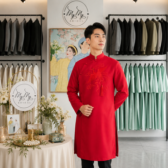ÁO DÀI CHÚ RỂ ĐỎ THÊU HỌA TIẾT PHƯỢNG HOÀNG