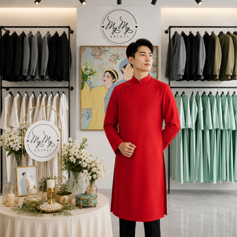 ÁO DÀI CHÚ RỂ ĐỎ TRƠN