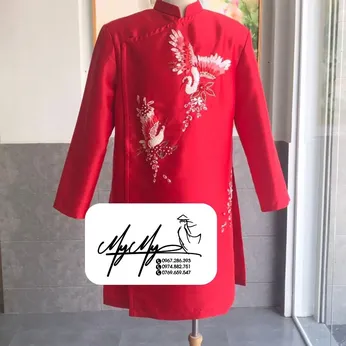 ÁO DÀI CHÚ RỂ ĐỎ KẾT HẠC RUY BĂNG