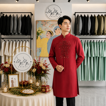 ÁO DÀI CHÚ RỂ ĐỎ SONG HỶ ĐĂNG KHOA