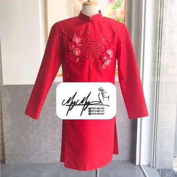 ÁO DÀI CHÚ RỂ ĐỎ CHỮ HỶ VÀ HOA