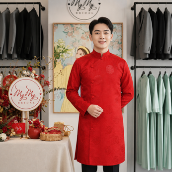 ÁO DÀI CHÚ RỂ ĐỎ GẤM HỌA TIẾT CHỮ THỌ