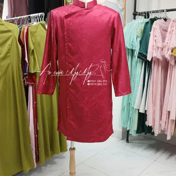 ÁO DÀI CHU RỂ ĐỎ GẤM HOA