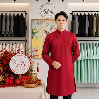 ÁO DÀI CHÚ RỂ ĐỎ THÊU HOA SEN