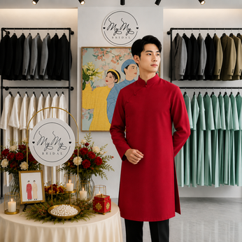 ÁO DÀI CHÚ RỂ ĐỎ TRƠN HAI VẠT