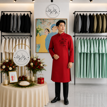ÁO DÀI CHÚ RỂ ĐỎ ĐÍNH KẾT HOA MƠ