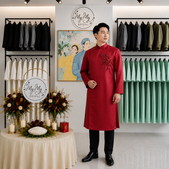 ÁO DÀI CHÚ RỂ ĐỎ ĐÍNH KẾT HOA PHA LÊ