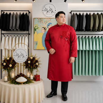 ÁO DÀI CHÚ RỂ ĐỎ CHỮ HỶ HỒ ĐIỆP SIZE LỚN