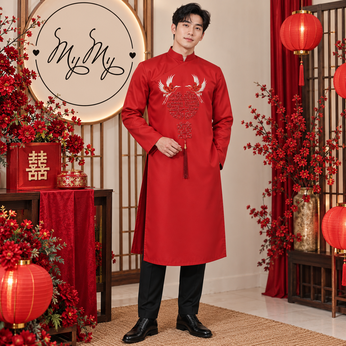 ÁO DÀI CHÚ RỂ ĐỎ HỌA TIẾT CHỮ HỶ VÀ CHIM HẠC