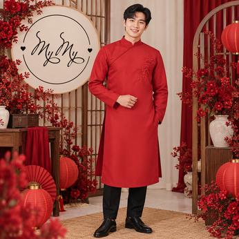 ÁO DÀI CHÚ RỂ ĐỎ THÊU HOA MẪU ĐƠN