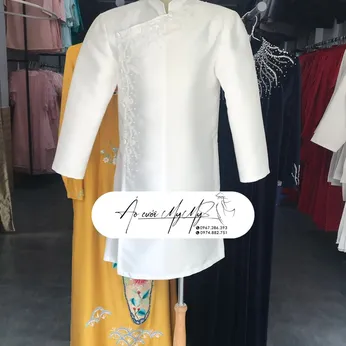 ÁO DÀI CHÚ RỂ TRẮNG KẾT PHA LÊ