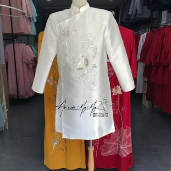 ÁO DÀI CHÚ RỂ TRẮNG PHƯỢNG HOÀNG VÀ CHỮ HỶ