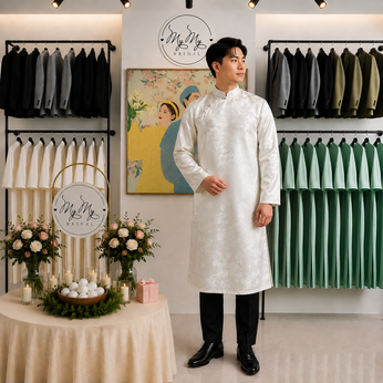 ÁO DÀI CHÚ RỂ TRẮNG GẤM HỌA TIẾT TRÚC ĐÀO