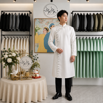 ÁO DÀI CHÚ RỂ TRẮNG ĐÍNH KẾT TÀ